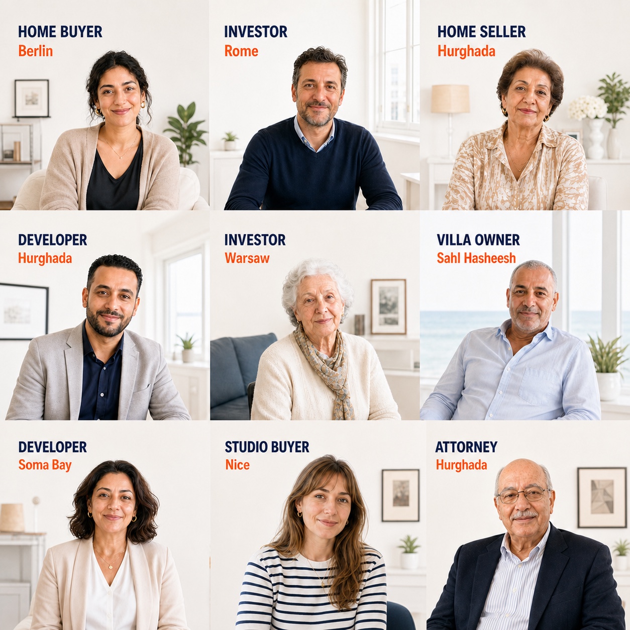 Illustrative portraits representing home buyers, sellers, investors, property owners, developers and legal support across Hurghada and international markets.