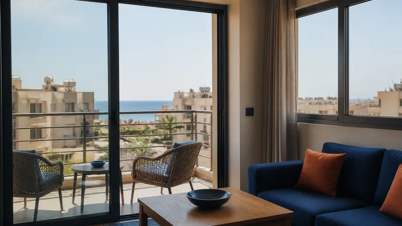 Furnished apartment living room with the Red Sea visible beyond several windows.