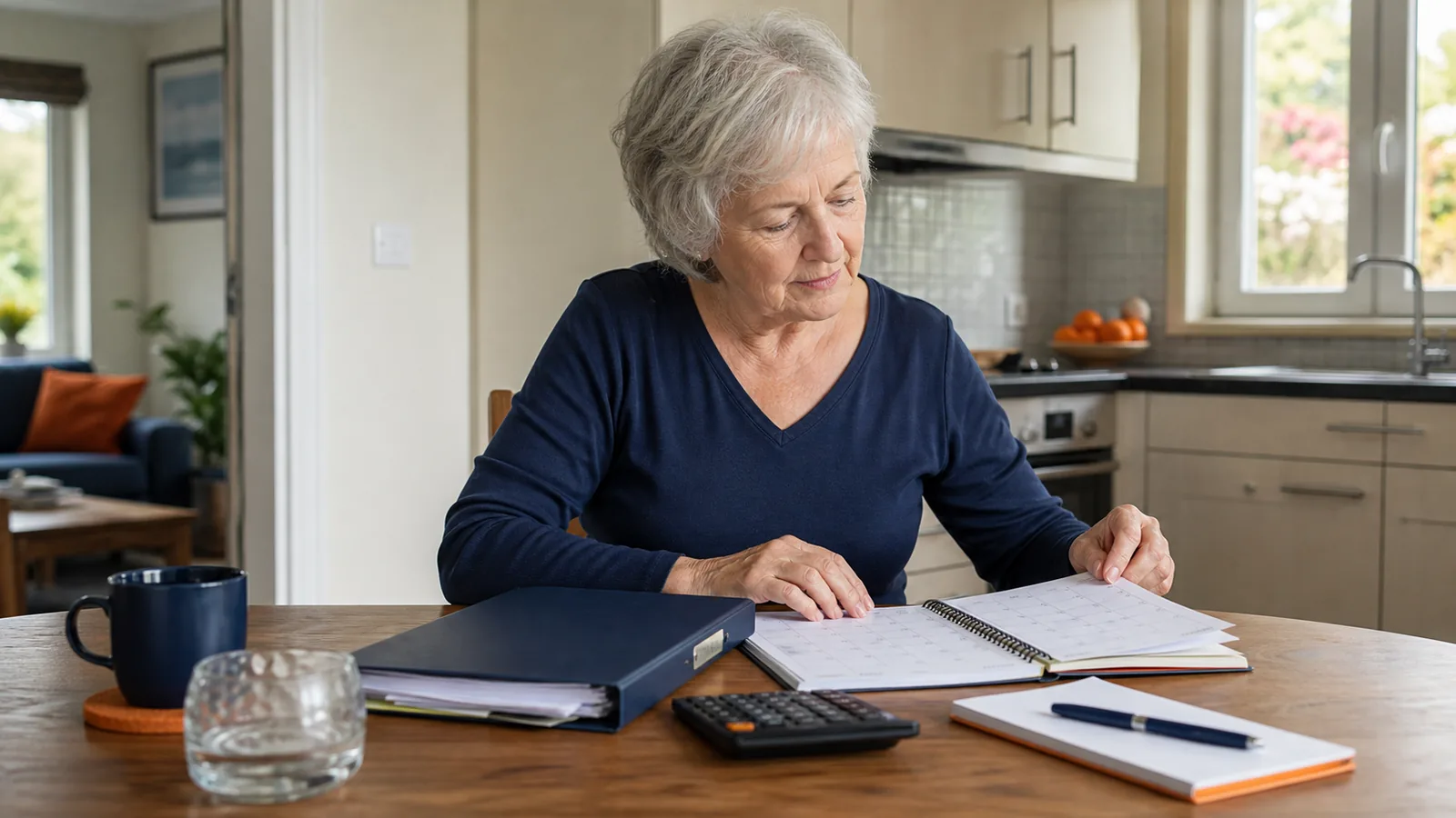 Older property owner organising an annual ownership budget at home.