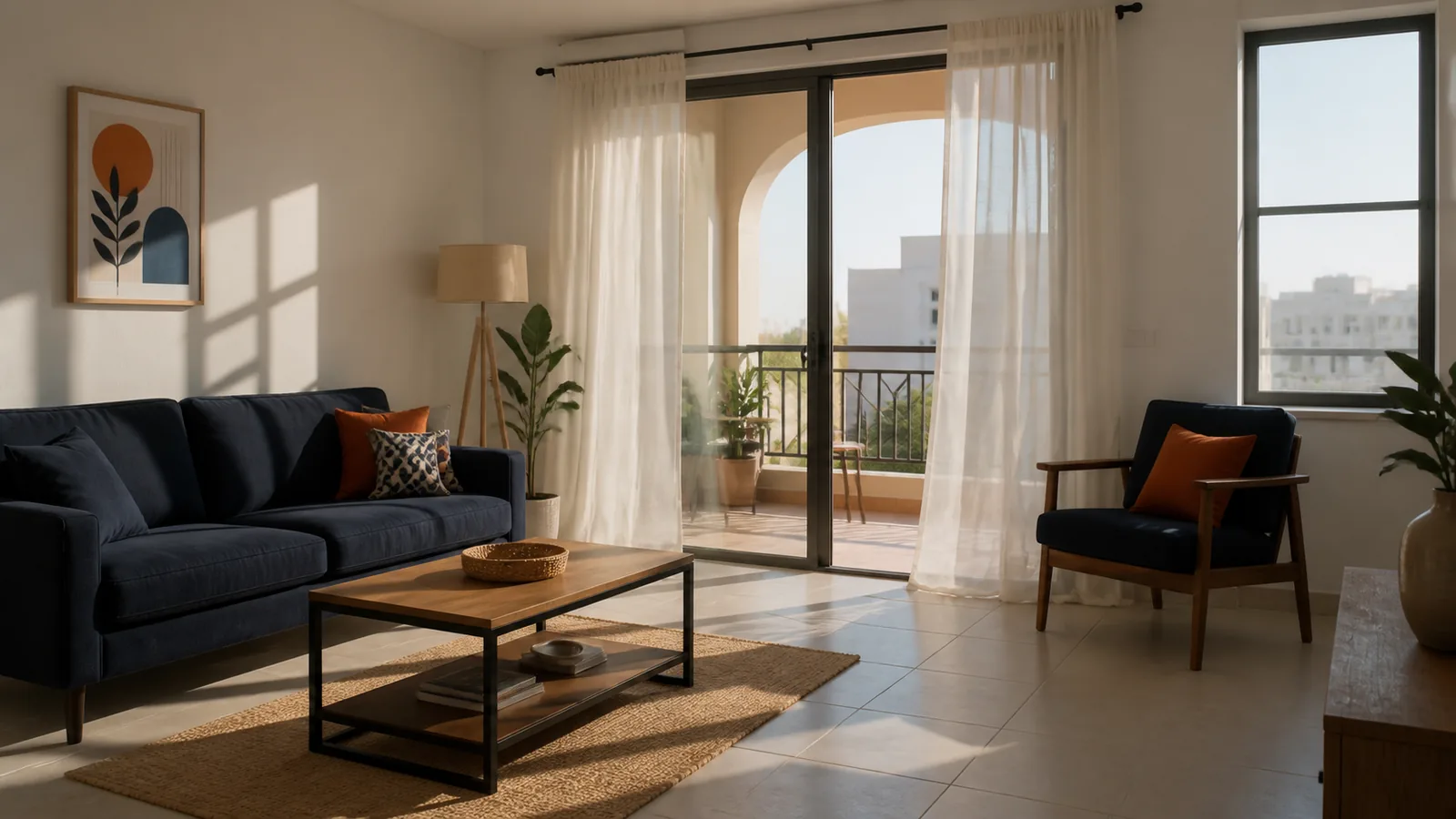 Morning sunlight entering an unfurnished apartment through shaded windows.