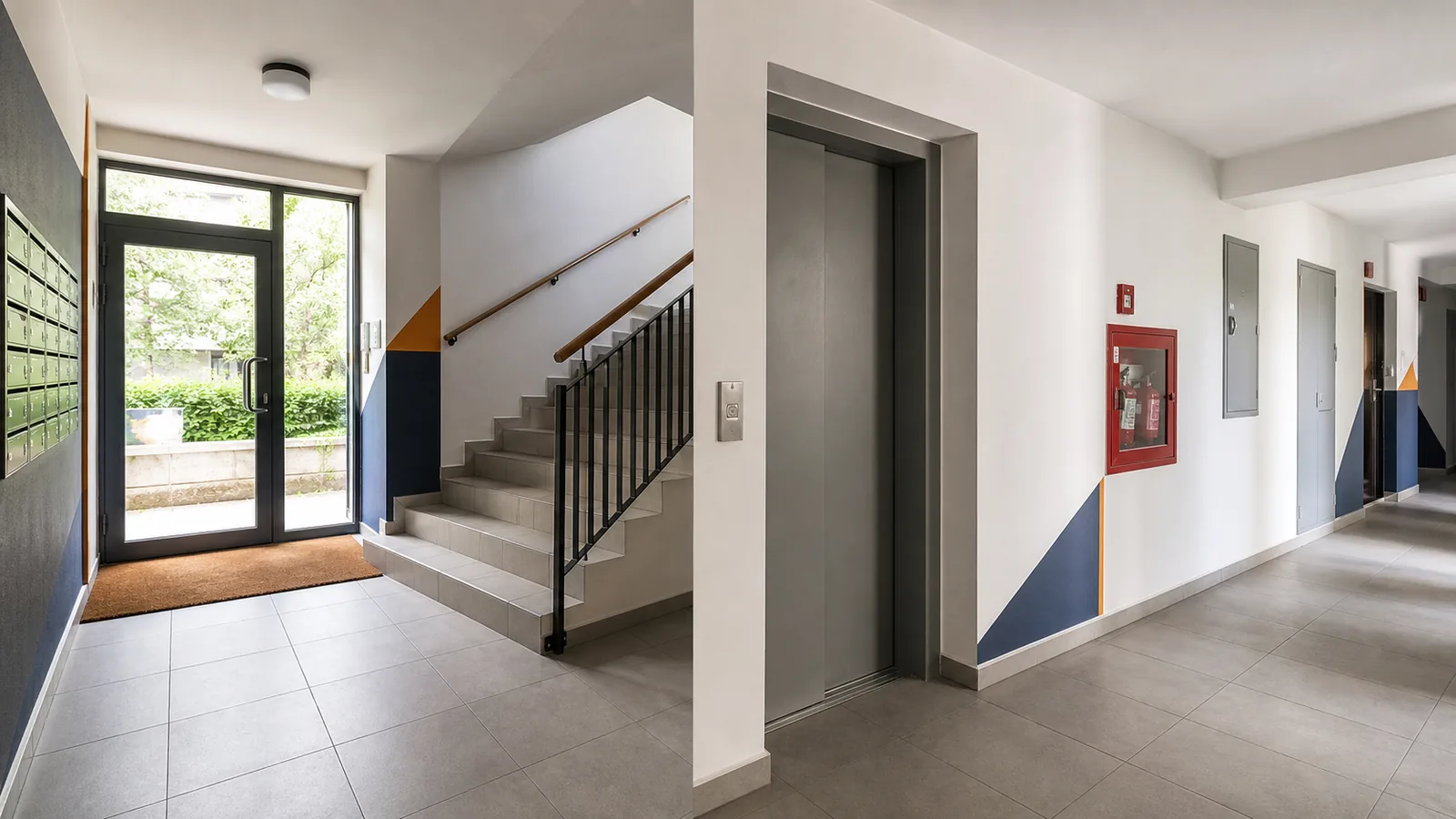 Residential building entrance with stairs, lift and utility access.
