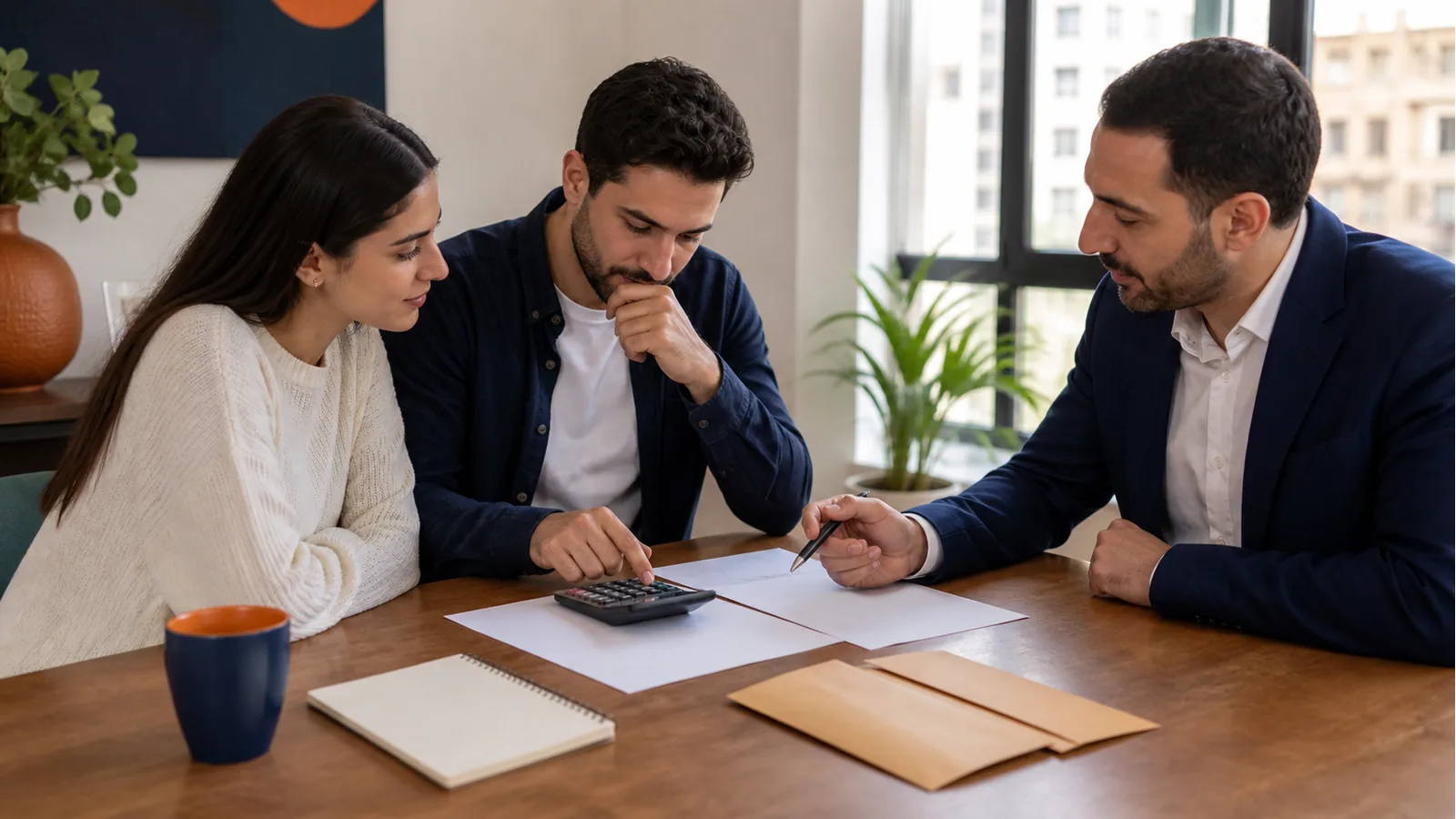 Property buyers using a calculator to plan a purchase budget across two currencies.
