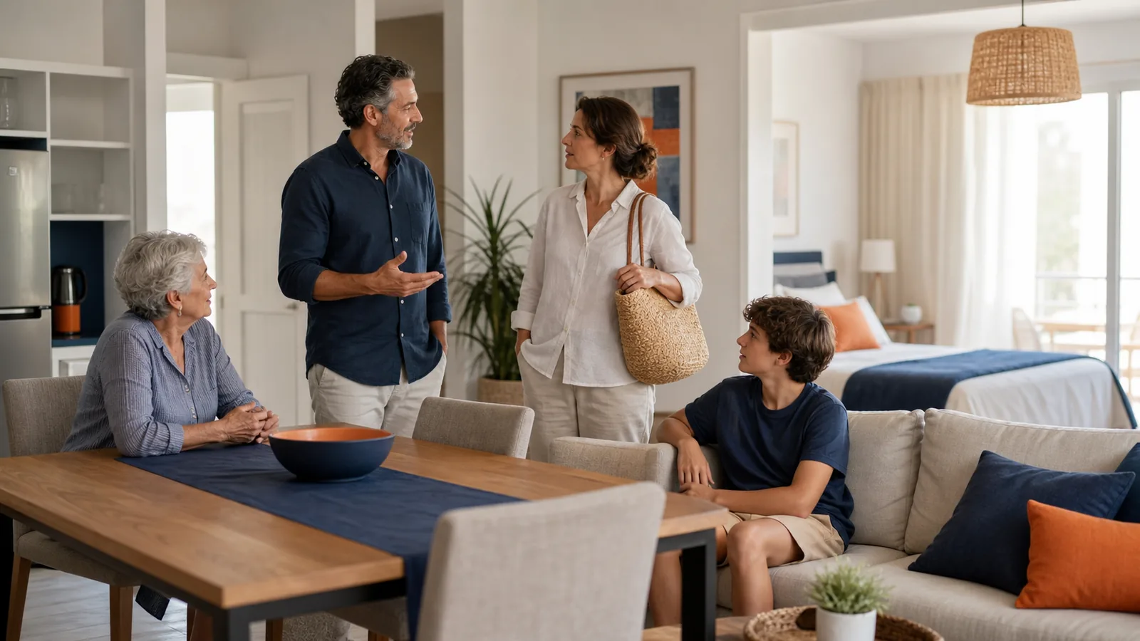 Multigenerational family assessing apartment space for longer stays and visits.