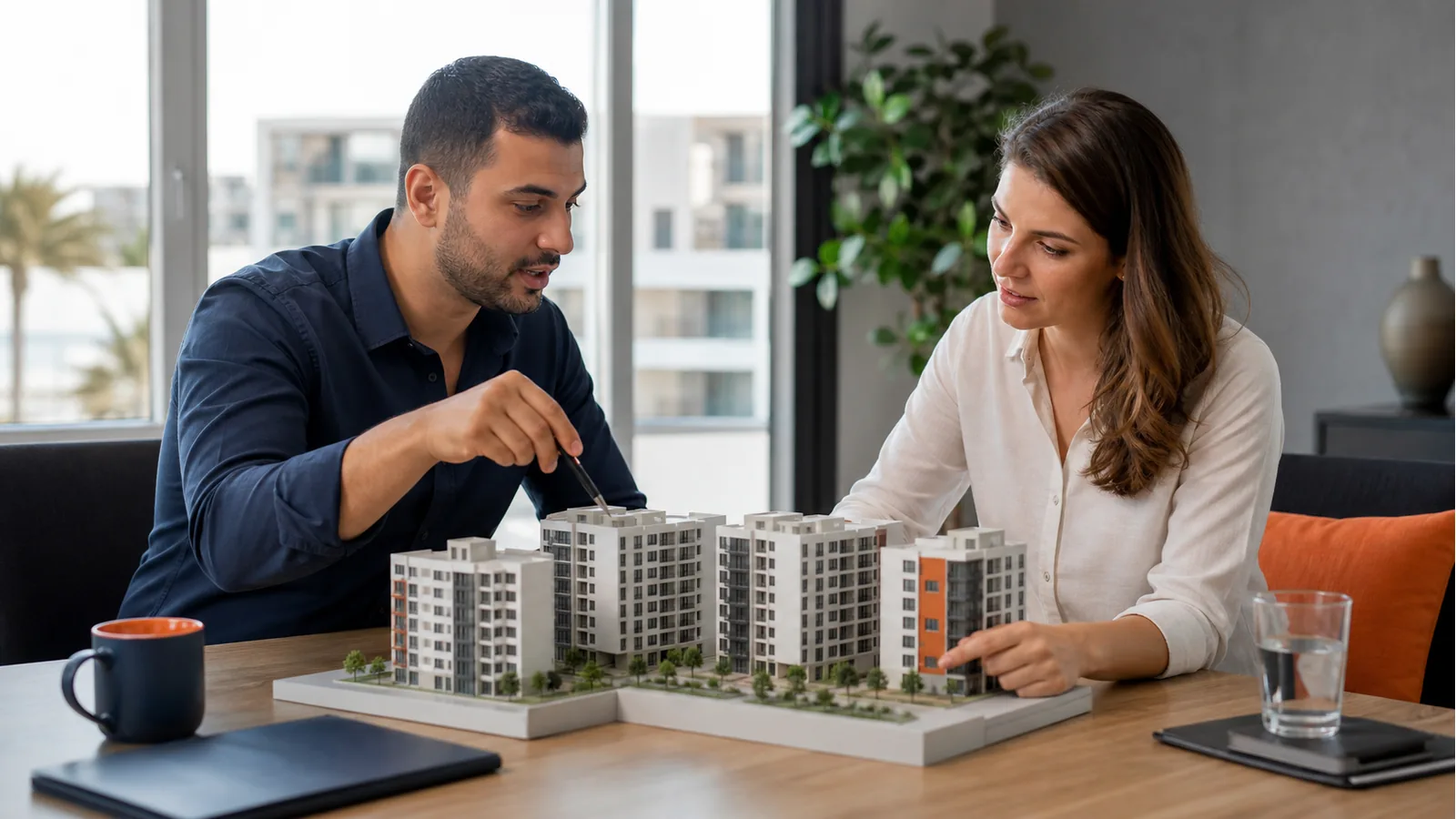 Property adviser comparing the positions of two homes within a development plan.