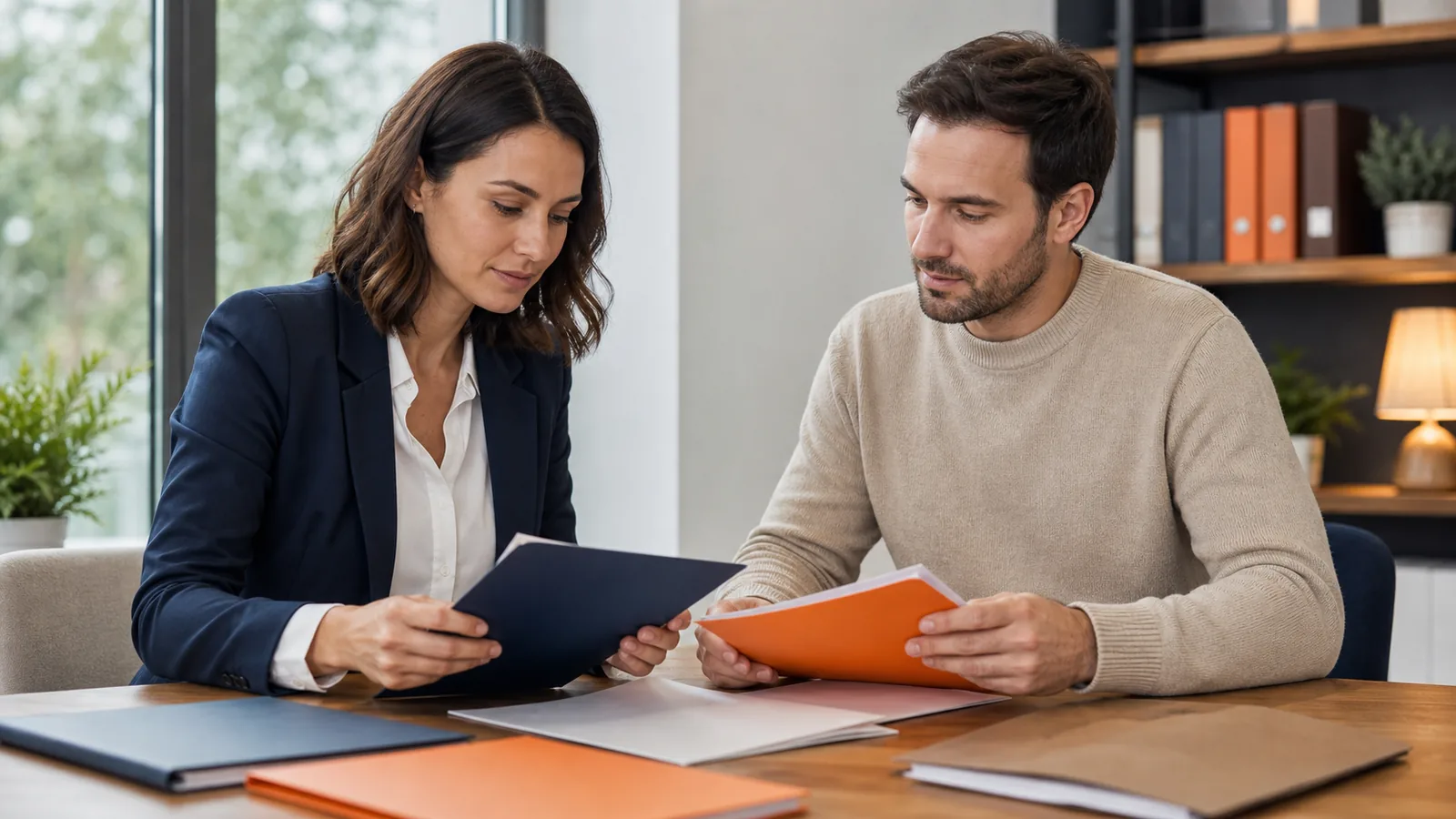 Property buyer reviewing reservation documents before committing.