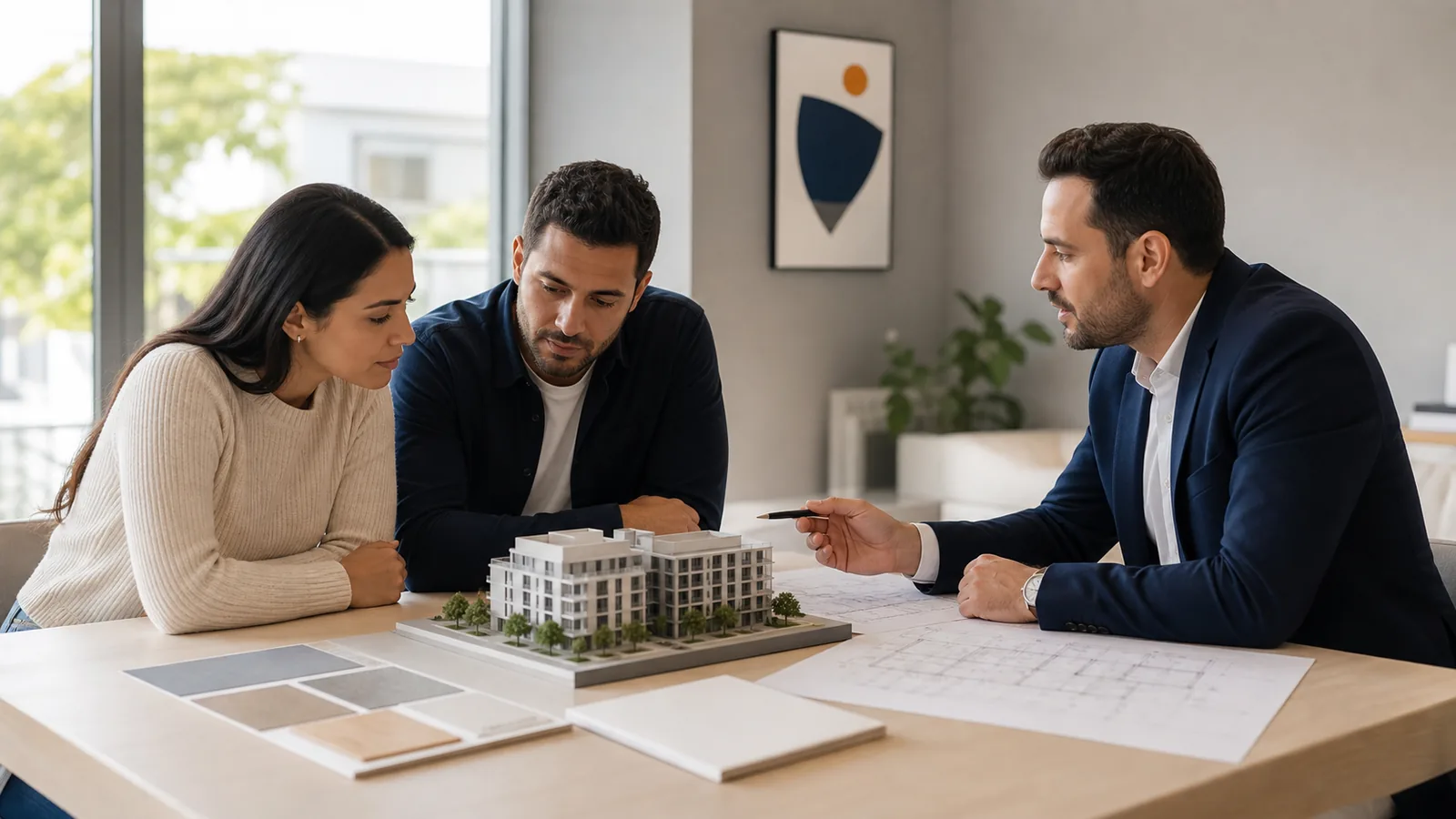 Buyers reviewing an off-plan development model and material specifications.