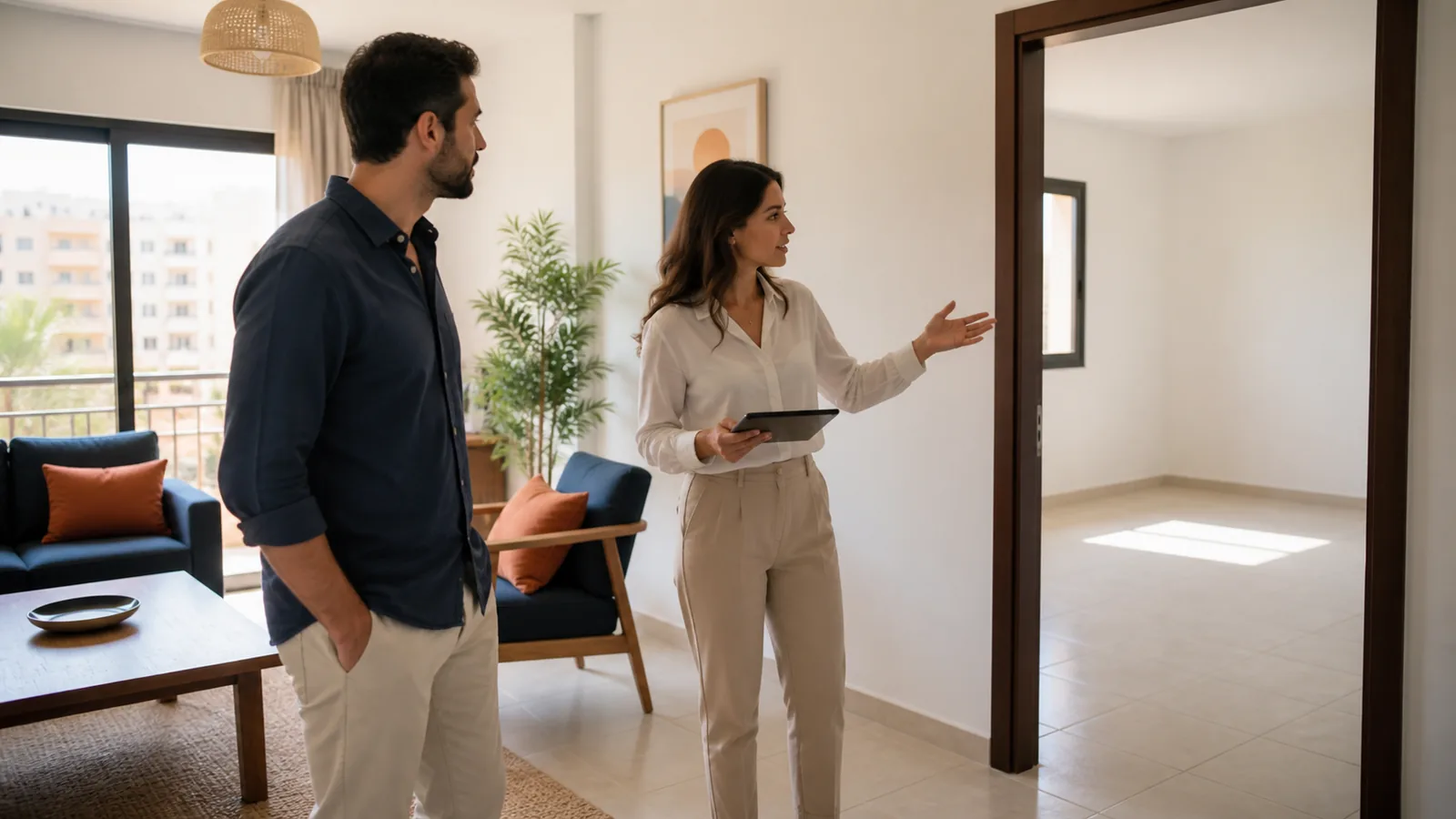 Buyer comparing furnished and unfurnished rooms in an apartment.