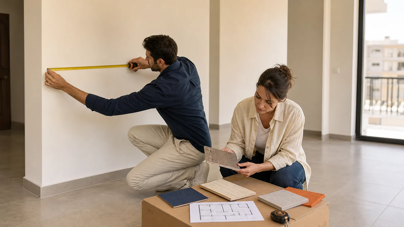 Buyers measuring an unfurnished apartment before planning furniture.