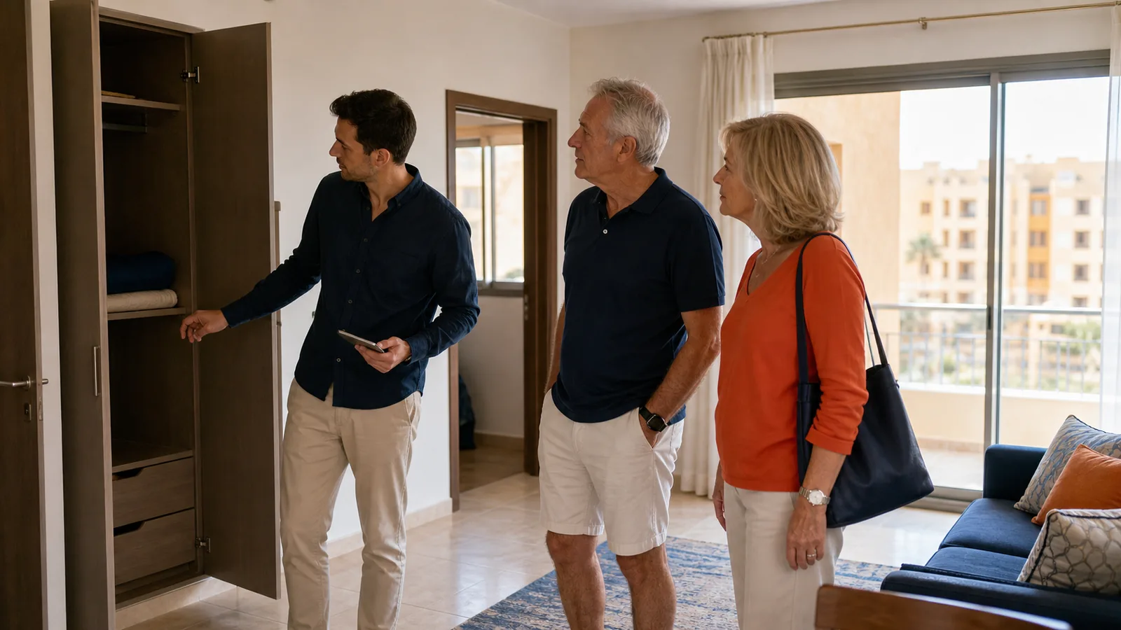 Older buyers checking storage and room proportions during an apartment viewing.