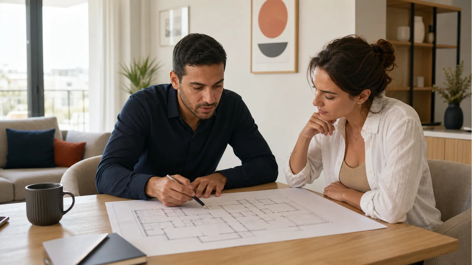 Property adviser and buyer comparing circulation and room proportions on a floor plan.