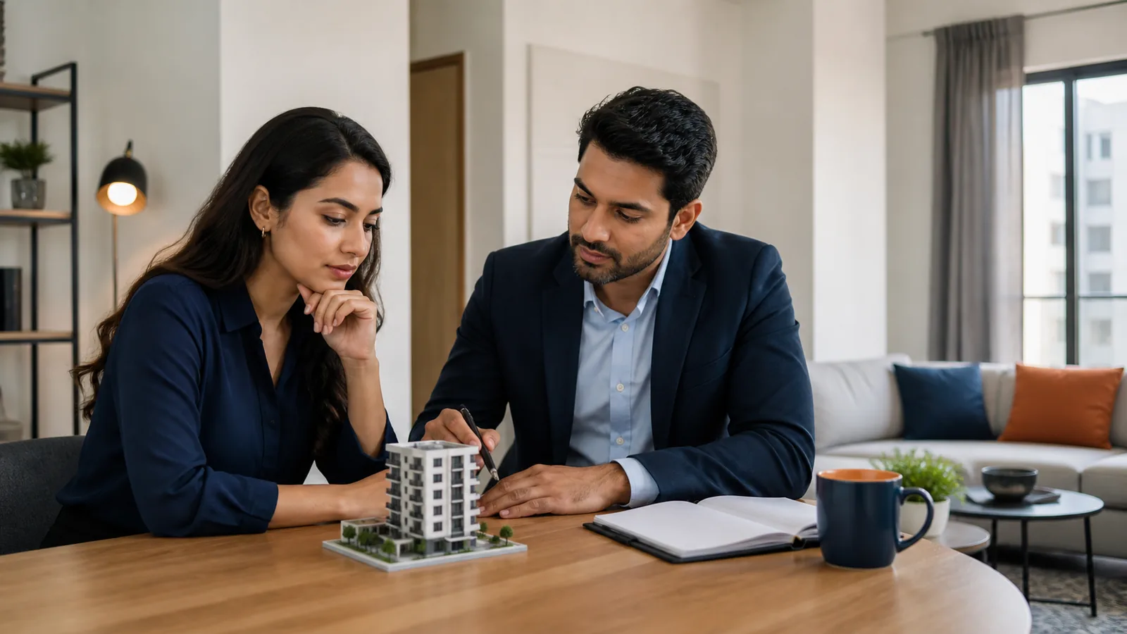 Property adviser comparing completed and off-plan home options with a buyer.