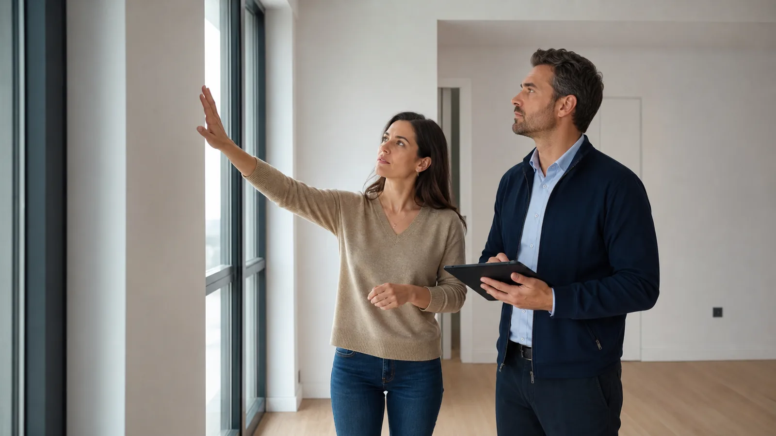 Buyer inspecting windows and finishes during a property handover.
