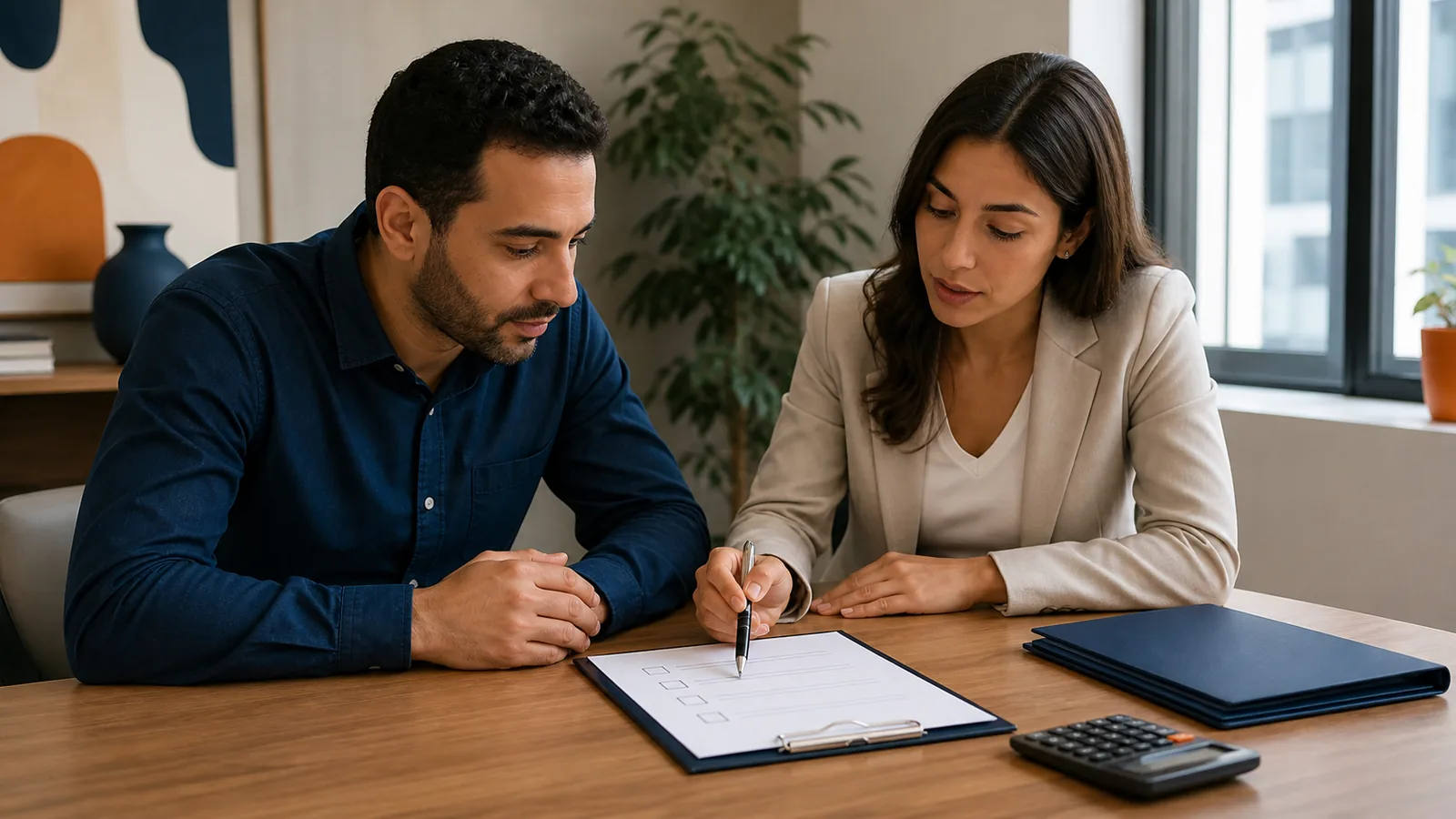 Buyer reviewing the property reservation process with an adviser.
