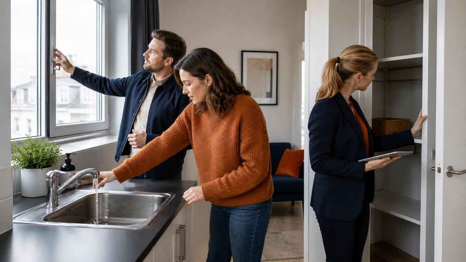 Buyer checking practical details during an apartment viewing.