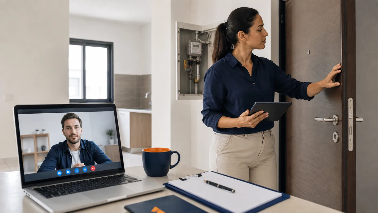 Property adviser checking a door and utility meter during a remote handover video call.