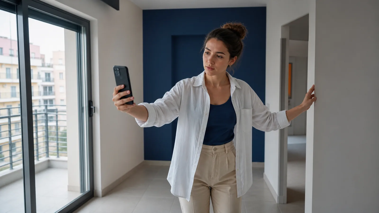Buyer conducting a live video tour inside an unfurnished apartment.