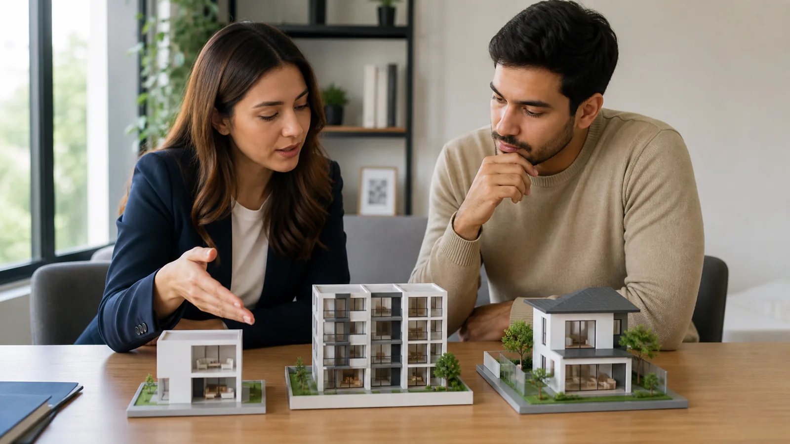 Buyer comparing studio, apartment and villa options with an adviser.